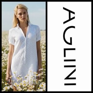 Aglini Eyelet Broderie Shirt Dress Sz Small Cottagecore Coastal Chic Euro Summer